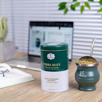 Yerba Mate, CUOPRU Traditional Argentinian Mate Tea, Low Tea Powder, Original Leaves without Stems, Included Portable Storage Container(Green Traditional)
