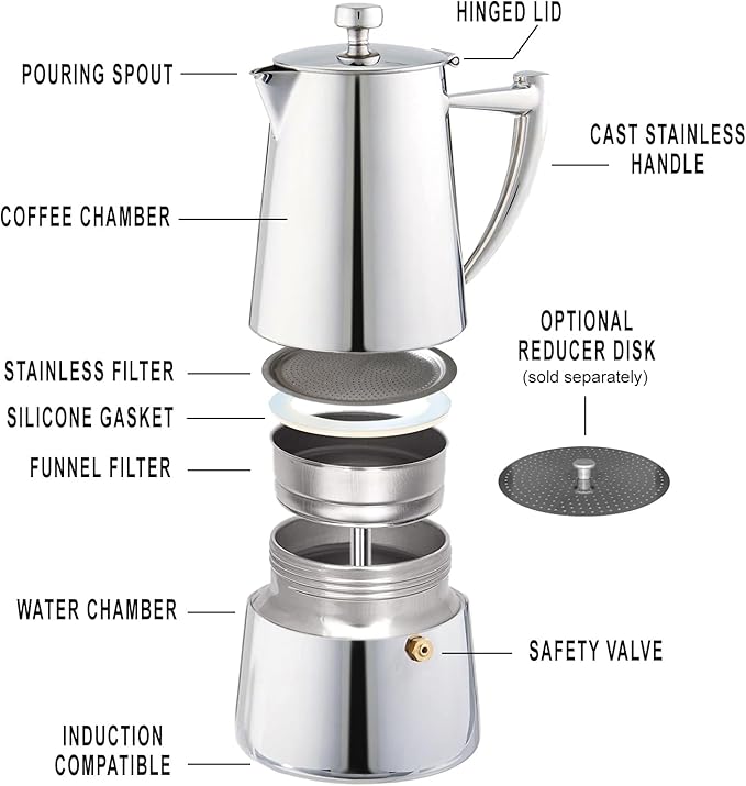 Cuisinox Moka Pot Coffee Espresso Maker – Stainless Steel Roma Stovetop Espresso Coffee Maker, Induction Compatible, Durable Long-Lasting, Dishwasher Safe, Heat-Resistant Handle, 4-Cup, 200ml, 7oz