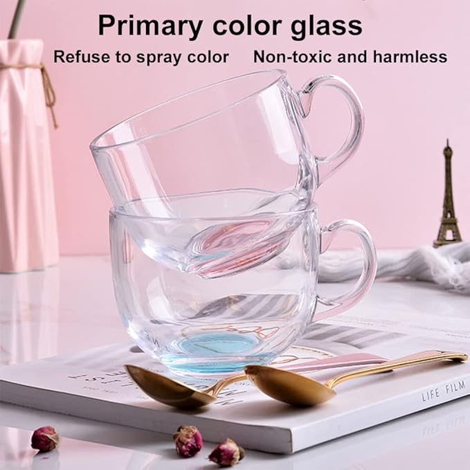 Large Clear Glass Coffee Mugs Set of 2,14.8 oz(440ml)-Wide Mouth Tea Cups with Handle and Spoon Transparent Drinking for Cappuccino Cups, Latte, Milk color 4 Piece