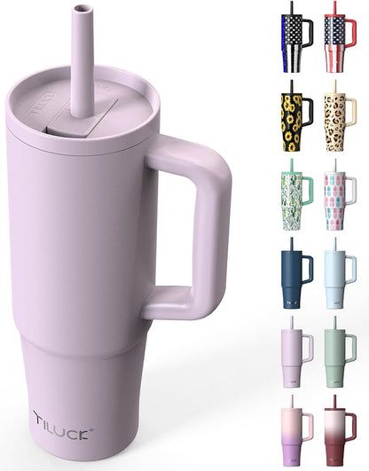 TILUCK 30 oz Tumbler with Handle, Vacuum Insulated Stainless Steel Travel Mug with 100% Leak-Proof Silicone Straw Lid, Cupholder Friendly Water Bottle(LightPurple, 30oz)