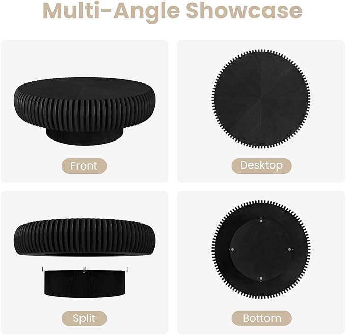 Round Fluted Coffee Table Modern Handcraft Drum Coffee Table with Sturdy Pedestal 31.5" Farmhouse Center Table Tea Table for Living Room, Reception Room, Entertainment Room (Black 31.5 inch)