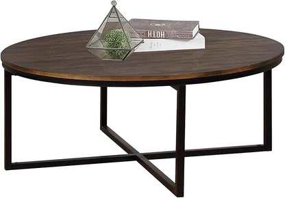 Alaterre Furniture Arcadia 42-Inch Round Acacia Wood Coffee Table – Industrial Living Room Table with Antiqued Mocha Finish and Metal Sled Legs – Ideal Centerpiece for Sectionals and Sofas