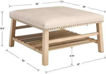 Kmax 32-Inch Beige Faux Leather Coffee Table Large Square Ottoman Foot Rest Stool Upholstered Coffee Table with Wooden Shelf Storage for Living Room Office