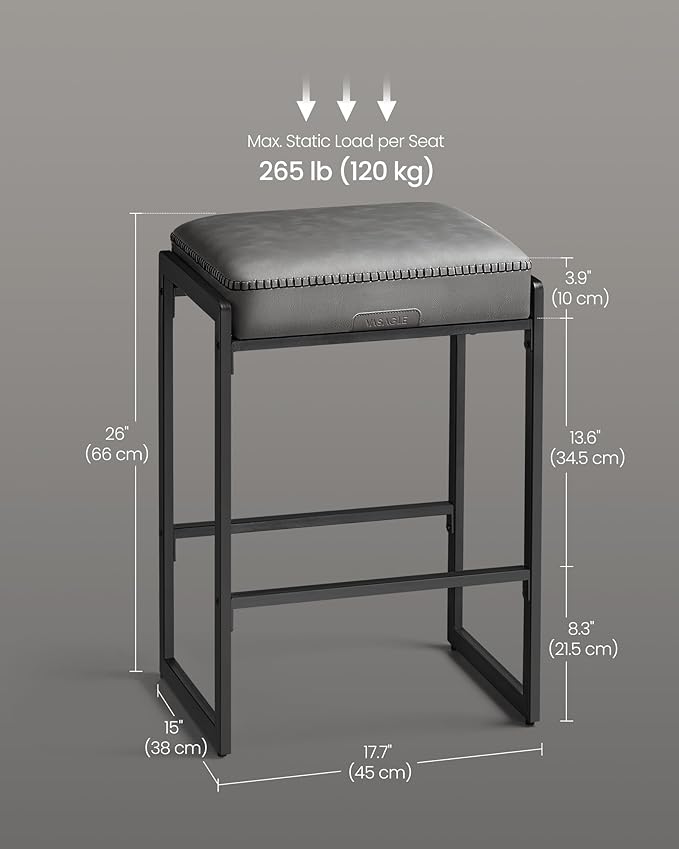 VASAGLE EKHO Collection - Bar Stools Set of 2, Counter Height Bar Stools, Synthetic Leather with Stitching, Mid-Century Modern Counter Stools, 26-Inch Tall, Kichen Home Bar Dining Room, Dove Gray