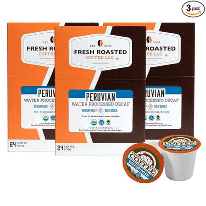 Fresh Roasted Coffee, Organic Peru Water-Processed Decaf | Mold & Myco 3rd Party Tested, USDA Organic, Kosher | Med Roast 72 Pods for K Cup Brewers
