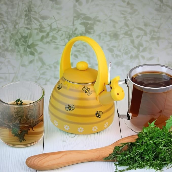 UPware Enamel on Steel Whistling Tea Kettle, Stovetop Teakettle (2.4 Quart, Bee Hive)