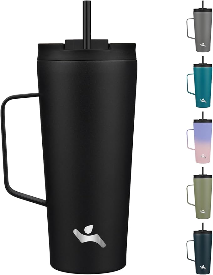 Insulated Tumbler with Handle and Straw, 22 OZ Travel Coffee Mug Stainless Steel Cup Metal Water Bottle,Black
