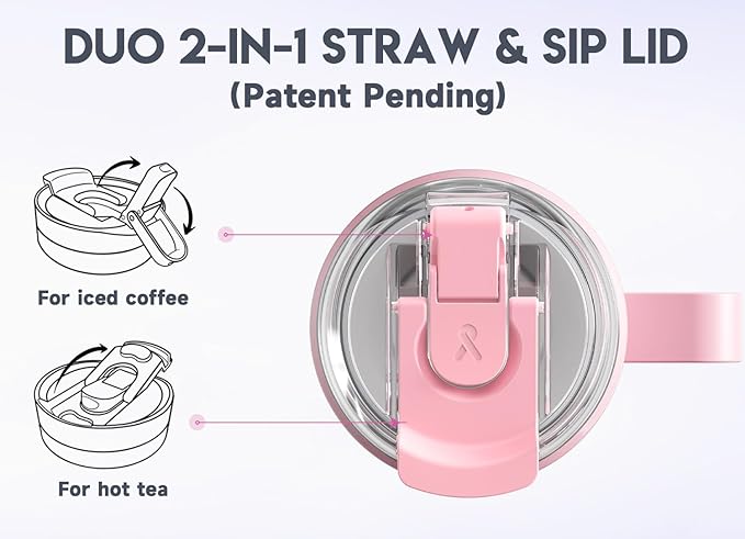 Meoky 40oz Tumbler with Handle, Stainless Steel Travel Mug with 2-in-1 Straw and Sip Lid, Vacuum Insulated Coffee Mug, 100% Leak Proof, Keeps Cold for 34 Hours or Hot for 10 Hours (Flamingo)