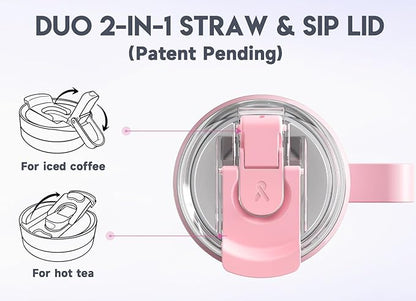 Meoky 40oz Tumbler with Handle, Stainless Steel Travel Mug with 2-in-1 Straw and Sip Lid, Vacuum Insulated Coffee Mug, 100% Leak Proof, Keeps Cold for 34 Hours or Hot for 10 Hours (Flamingo)