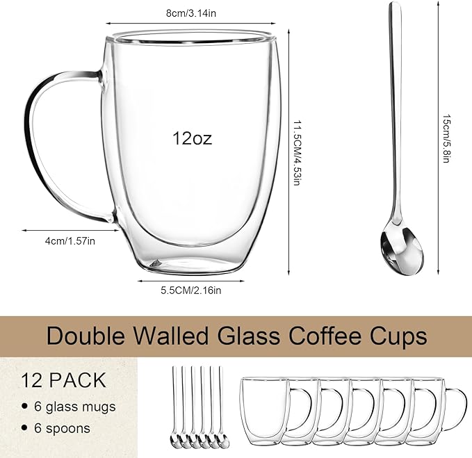 Double Wall Glass Coffee Mugs 12 OZ, Clear Coffee Cup With Handle,Insulated Coffee Mugs Set of 6 With Spoons Perfect for Espresso, Cappuccino, Latte, American,Tea Bag, Beverage
