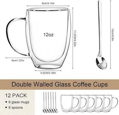Double Wall Glass Coffee Mugs 12 OZ, Clear Coffee Cup With Handle,Insulated Coffee Mugs Set of 6 With Spoons Perfect for Espresso, Cappuccino, Latte, American,Tea Bag, Beverage