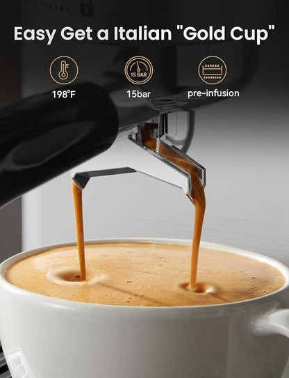 Neretva Espresso Machine, 15 Bar Espresso Coffee Machine with Visible Pressure Guage Professional Espresso Maker with Milk Frother & Stainless Steel for Home Barista Latte and Cappuccino Maker-Silver