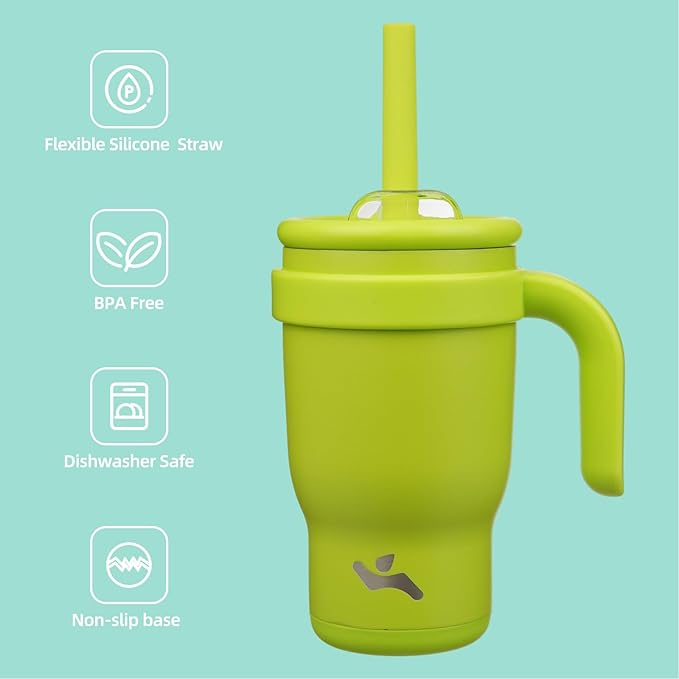14 oz Tumbler with Side Handle, Insulated Water Bottle with Straw and 2 in 1 Lid, Stainless Steel Cup Travel Coffee Mug for Sports Office Gym,Green