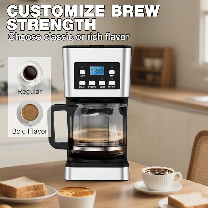 12-Cup Programmable Coffee Maker, Regular & Strong Brew Drip Coffee Machine for Home and Office, Glass Carafe, Pause & Serve, Auto Shut Off, Gray & Stainless Steel (Black)