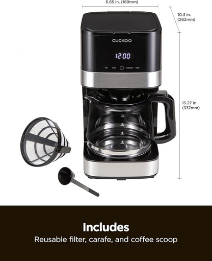 CUCKOO Classic 10-Cup Drip Coffee Maker, Easy To Use Coffee Machine with Programmable Timer, Includes Glass Coffee Pot with Two Brew Strength Settings and Reusable Mesh Filter (CCM-BD011B)