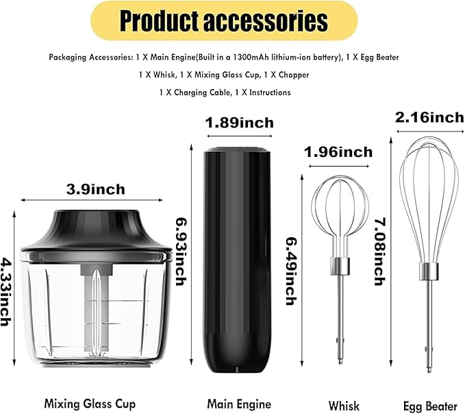 Electric Hand Mixer with Whisk, Handheld Electric Whisk, Hand Blender Set for Mini Food Processor, Rechargeable Cordless Handheld Mixer, Small Food Chopper for Dicing, Mincing, and Puree, 4-Speed,10Oz