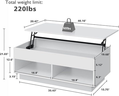 HOMMPA 40" Modern LED Coffee Table with Storage for Living Room, Lift Top Coffee Table with 2 Shelves, High Glossy Wooden Dining Table, Multifunctional Furniture for Bedroom/Home Office, White