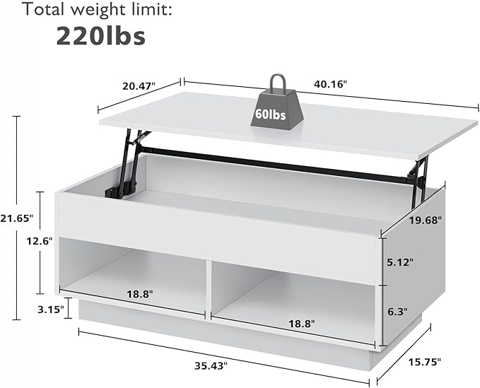 HOMMPA 40" Modern LED Coffee Table with Storage for Living Room, Lift Top Coffee Table with 2 Shelves, High Glossy Wooden Dining Table, Multifunctional Furniture for Bedroom/Home Office, White