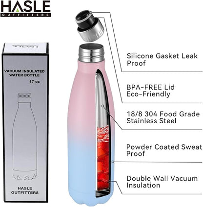 HASLE OUTFITTERS 17oz Stainless Steel Water Bottles Bulk, Vacuum Insulated Water Bottles Double Walled Reusable Metal Sports Water Bottles Keep Drinks Hot and Cold, Pink Blue, 4Packs