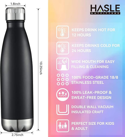 HASLE OUTFITTERS 17oz Stainless Steel Water Bottles Bulk, Vacuum Insulated Double Walled Reusable Metal Sports Water Bottles Keep Drinks Hot and Cold, Black, 8Packs
