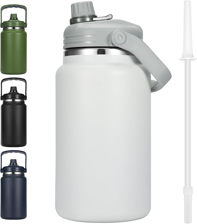 1 Gallon Thermosflask with Straw, 135oz Stainless Steel Insulated Water Bottle，4L Oversized Double Wall Vacuum Jug with Handle for Hot Cold Drinks, Wide mouth Icebuckets for Hiking Sports(White)