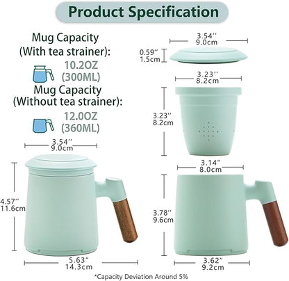 ZENS Tea Cup with Infuser and Lid for Loose Leaf Steeping, 16.9oz Embossed Ceramic Tea Infuser Mug, Wood Handle Tea Diffuser, Great Gift