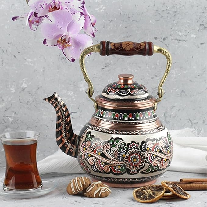 Vintage Copper Turkish TeaPot Tea Kettle Pot for Stovetop Stove Top Infuser Decorative Fancy Arabic Moroccan Party Serving Kitchen Antique Handmade Women Floral Unique Style Gooseneck Gift Decor