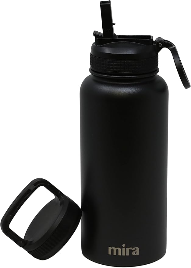 MIRA 32 oz Insulated Water Bottle - Stainless Steel Sports Flask with 2 Lids (Straw & Handle) - Cold Drink Thermo - Black