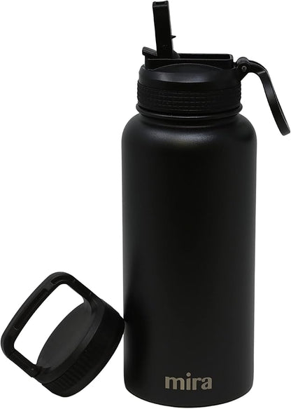 MIRA 32 oz Insulated Water Bottle - Stainless Steel Sports Flask with 2 Lids (Straw & Handle) - Cold Drink Thermo - Black