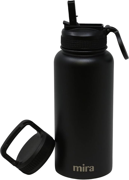 MIRA 32 oz Insulated Water Bottle - Stainless Steel Sports Flask with 2 Lids (Straw & Handle) - Cold Drink Thermo - Black