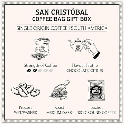 Bacha Coffee | San Cristóbal Ecuador Single Origin, 100% Arabica Specialty Coffee Beans, Medium Dark Roast, x12 Individually Wrapped Single Serve Filter Bags