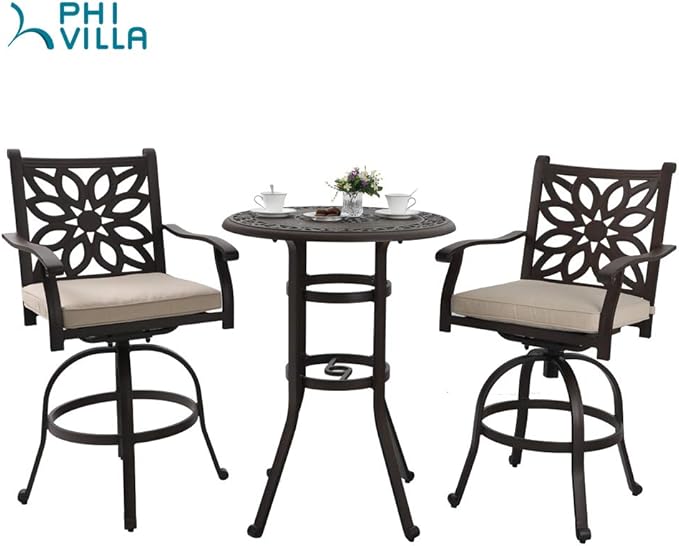 PHI VILLA 32" Cast Aluminum Patio Bar Table, 41" Height High Top Outdoor Table, Pub Height Bistro Round Table for Paito Lawn Garden, Brown
