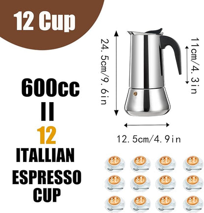 12 Cup Stovetop Espresso Maker Stainless Steel Moka Pot Stove Top Percolator Italian Coffee Makers Capable Mocha Greca Machine Cafe Classic Induction Cookers for Home and Camping 600ml 20oz
