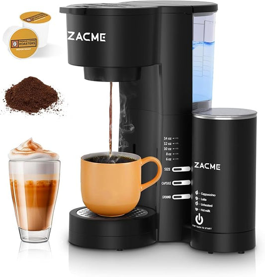 Single Serve Coffee Maker for K Cups&Ground Coffee with Milk Frother, 3 in 1 Small Single Cup Coffee Machine, 28oz Water Thank, 6 to 14 oz Brew Sizes