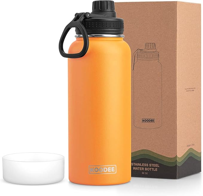 koodee Insulated Water Bottle, 32 oz Stainless Steel Double Wall Vacuum Wide Mouth Sport Bottle with Leakproof Spout Lid （Cosmic Orange）