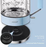 Load image into Gallery viewer, Electric Kettle, ASCOT Glass Electric Tea Kettle 1.5L 1500W Retro Tea Heater &amp; Hot Water Boiler, No Plastic, BPA-Free, Cordless, with Auto Shut-Off and Boil-Dry Protection (Blue)