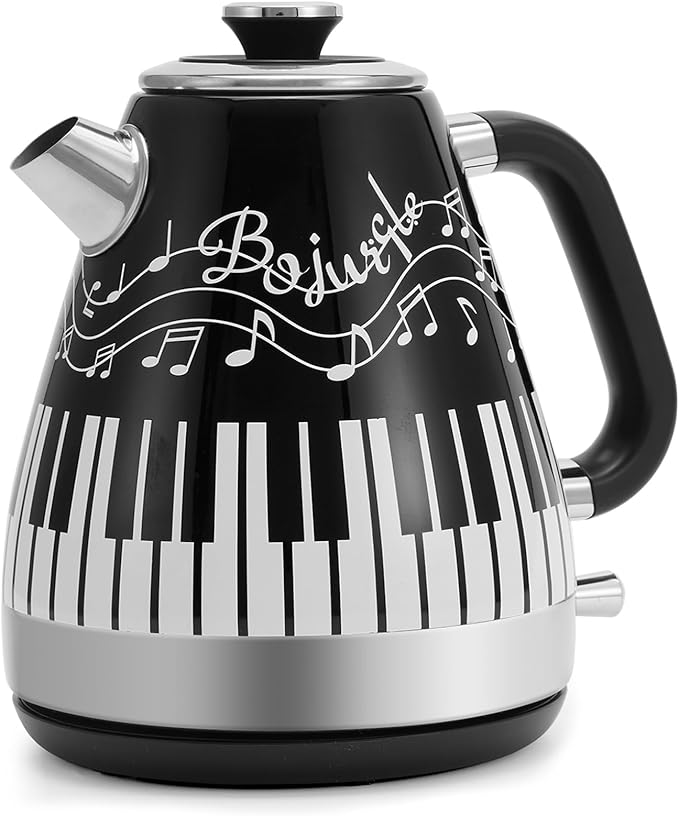 Artistic Electric Kettle with Hand-Applied Piano Keys and Music Note Stickers - 1.7L Stainless Steel Tea Kettle with LED Indicator, BPA-Free, 1200W Rapid Boil, Auto Shut-Off and Boil-Dry Protection