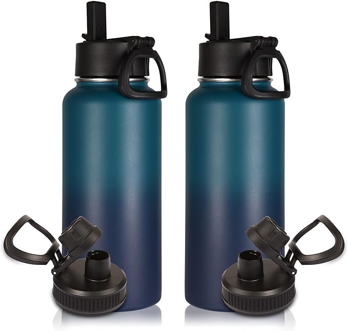Volhoply 32 oz Water Bottles Bulk 2 Pack with Straw Lid & Spout Lid,Insulated Sports Water Bottle,Double Wall Vacuum Stainless Steel Cups,Leakproof Wide Mouth Metal Flask for Travel(Dark Night,2)