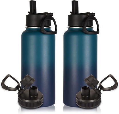 Volhoply 32 oz Water Bottles Bulk 2 Pack with Straw Lid & Spout Lid,Insulated Sports Water Bottle,Double Wall Vacuum Stainless Steel Cups,Leakproof Wide Mouth Metal Flask for Travel(Dark Night,2)