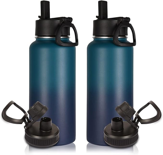 Volhoply 32 oz Water Bottles Bulk 2 Pack with Straw Lid & Spout Lid,Insulated Sports Water Bottle,Double Wall Vacuum Stainless Steel Cups,Leakproof Wide Mouth Metal Flask for Travel(Dark Night,2)