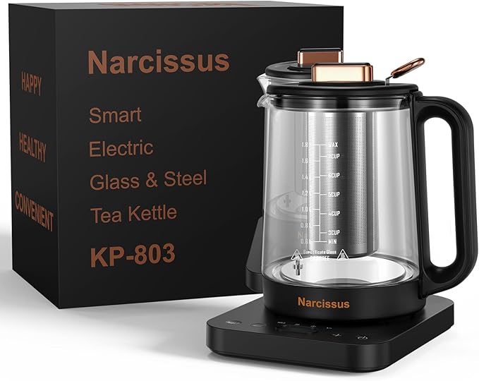 Narcissus Electric Kettle Temperature Control ±5℉, 1.8L Glass Electric Tea Kettle with Removable Infuser for Flowers & Fruit Tea, 1200W Fast Boiling, 6 Hours Keep Warming, Black