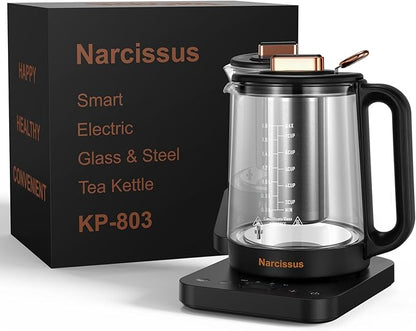 Narcissus Electric Kettle Temperature Control ±5℉, 1.8L Glass Electric Tea Kettle with Removable Infuser for Flowers & Fruit Tea, 1200W Fast Boiling, 6 Hours Keep Warming, Black