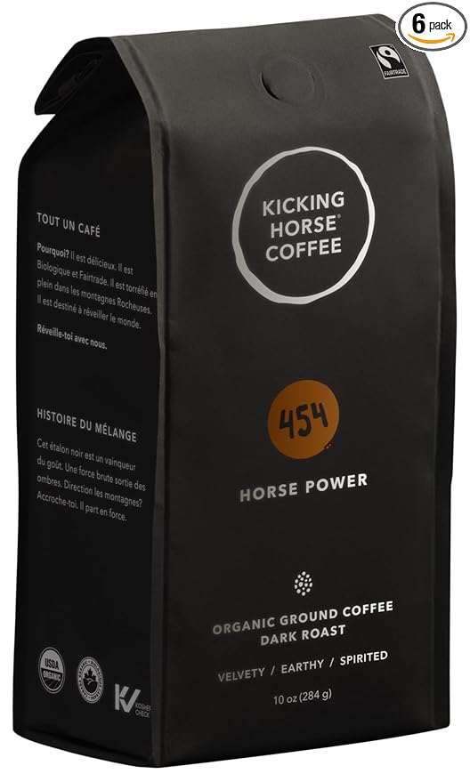 Kicking Horse Coffee 454 Horse Power, Dark Roast, Ground, 284 g (Pack of 6) - Certified Organic, Fairtrade, Kosher