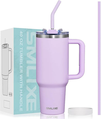 40 oz Tumbler with Handle and Straw Lid,Insulated Reusable Stainless Steel Water Bottle Travel Mug，Cupholder Friendly Double Wall Vacuum Sealed Cup (Lavender Purple)