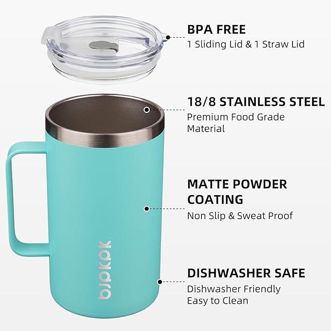 BJPKPK Insulated Coffee Mug with 2 Lids, 25oz Stainless Steel Insulated Tumbler with Handle, Double Wall Vacuum Coffee Cups, BPA Free Travel Mug for Coffee, Tea and Drinks, Turquoise