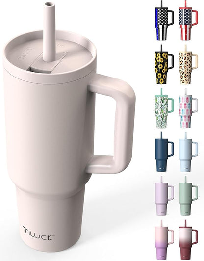 TILUCK 40 oz Tumbler with Handle, Vacuum Insulated Stainless Steel Travel Mug with 100% Leak-Proof Silicone Straw Lid, Cupholder Friendly Water Bottle(SakuraPink, 40oz)