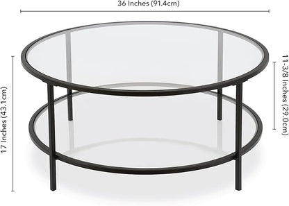 Henn&Hart 36" Round Coffee Table with Glass Top and Glass Open Storage Shelf for Living Room, Family Room, Office, or Apartment, Blackened Bronze