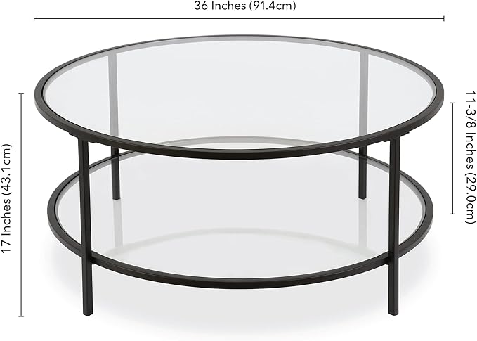 Henn&Hart 36" Round Coffee Table with Glass Top and Glass Open Storage Shelf for Living Room, Family Room, Office, or Apartment, Blackened Bronze