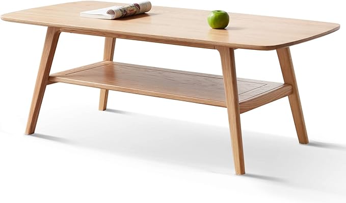 Modern Solid Wood Coffee Table, 2-Tier Small Wooden Coffee Table with Storage Shelf for Living Room, Apartment, Office, Natural (40''D x 20''W x 18''H)