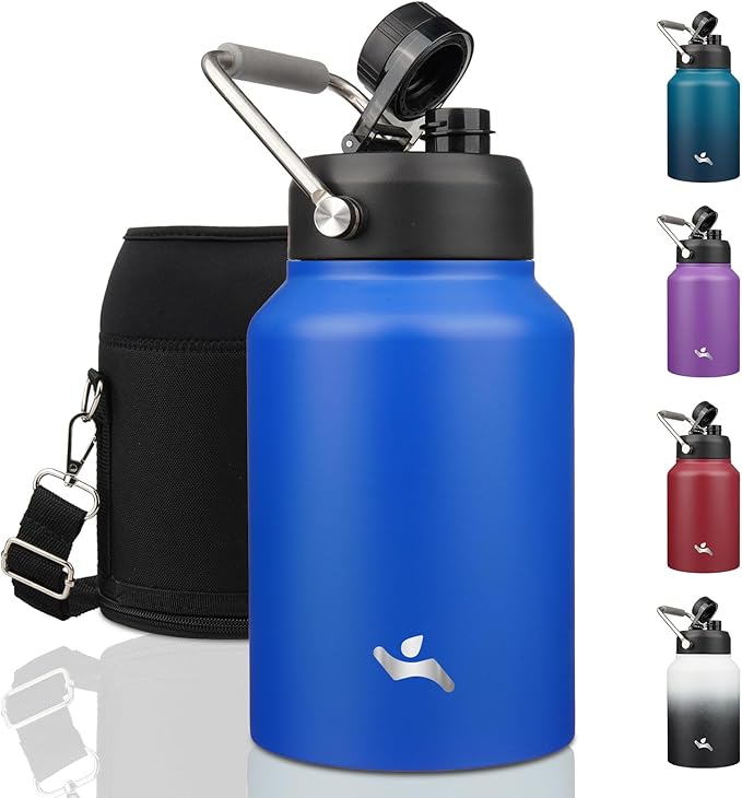 Half Gallon Jug with Handle,64 oz Insulated Water Bottle with Carrying Pouch,Double Wall Vacuum Stainless Steel Metal Bottle,Blue